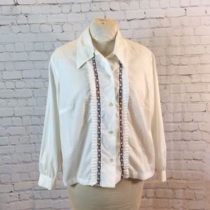 Hand made Button Down Blouse White Ruffle Front Trim Long Sleeve XL
